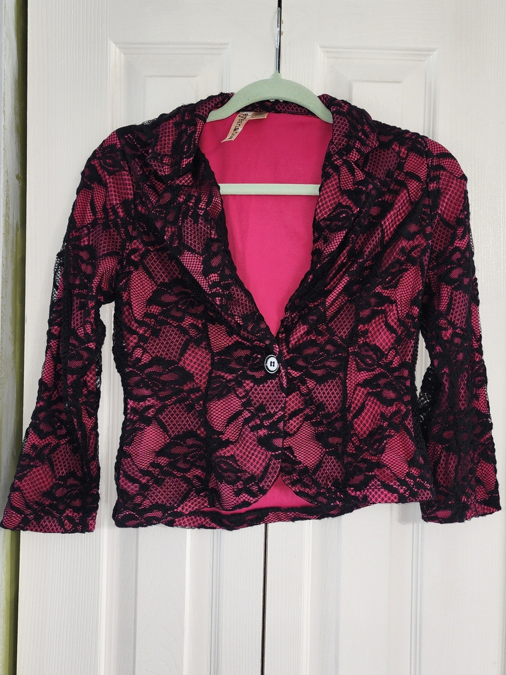 Eyeshadow Pink Blazer with Black Lace Overlay